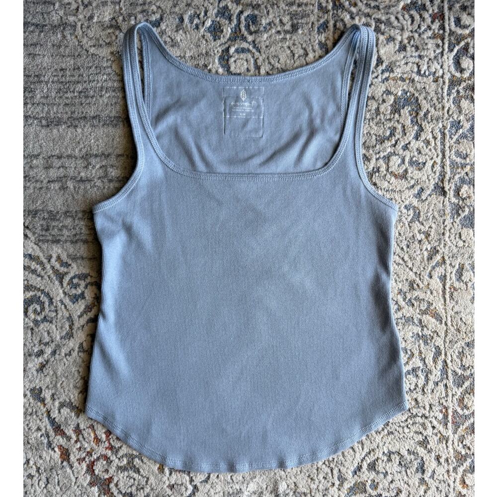 FP MOVEMENT BY FREE PEOPLE RIBBED SQUARE NECK TANK W/ LOGO BLUE MED